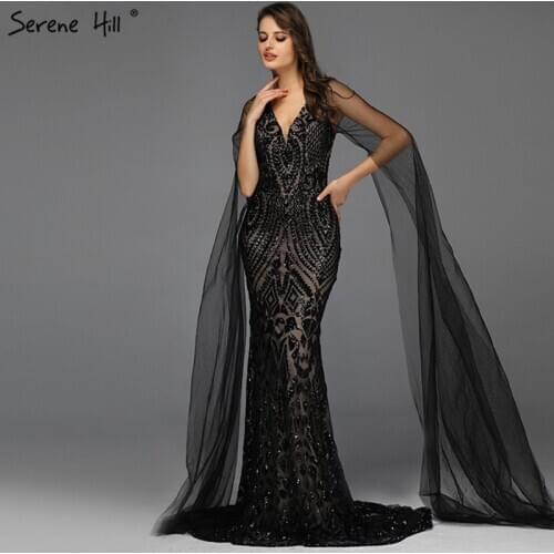 Black V-Neck Sequined Sexy Evening Dressese Mermaid Sleeveless Sparkle Evening Gowns Design 2019 Serene Hill DLA70117