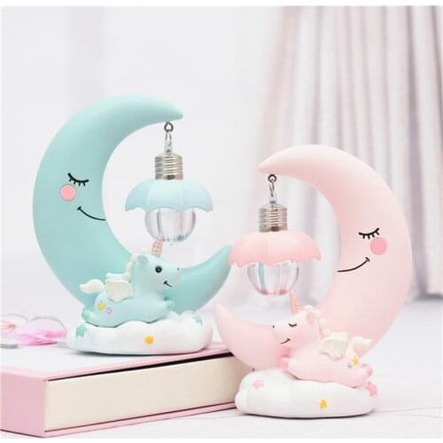 Creative Unicorn Moon Resin Cartoon Night Lamp Fairy Garden Kids Girls Room Ornaments Baby Bedroom Decor Crafts With LED Light