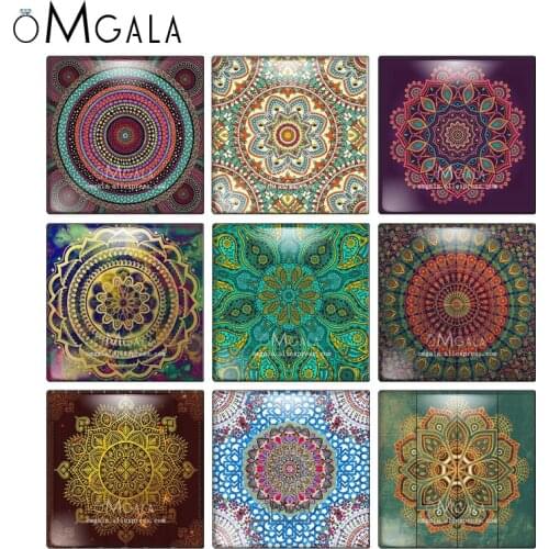 Reidgaller mix sacred mandala Pattern Square 10pcs mixed 12mm/20mm/25mm/30mm photo glass cabochon demo flat back Making findings