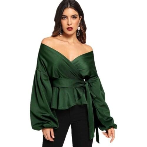 2020 Summer New Womens Shirt Sexy Lantern Sleeve Top Bow Waist Shirt White Black Green Blouse Women