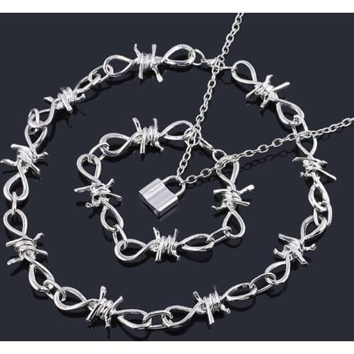 Punk Thorns Necklace Padlock Barbed Wire Bramble Lock Rock Chain Bracelet Oorbellen Hip Hop Collar Lady Girl Fashion Jewelry