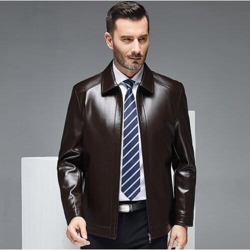 Haining coat middle aged short Lapel thin sheep skin fathers leather jacket mens wear