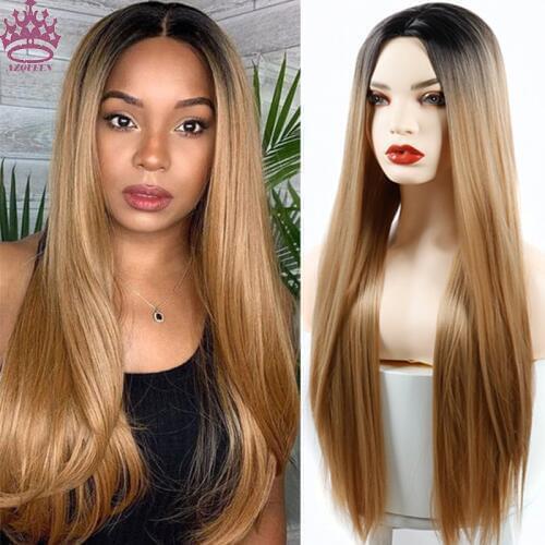 AZQUEEN Straight Long Synthetic Wigs For Women Brown Black Grey Wigs 24 inch can be Cosplay Wigs Heat Resistant For Fashion