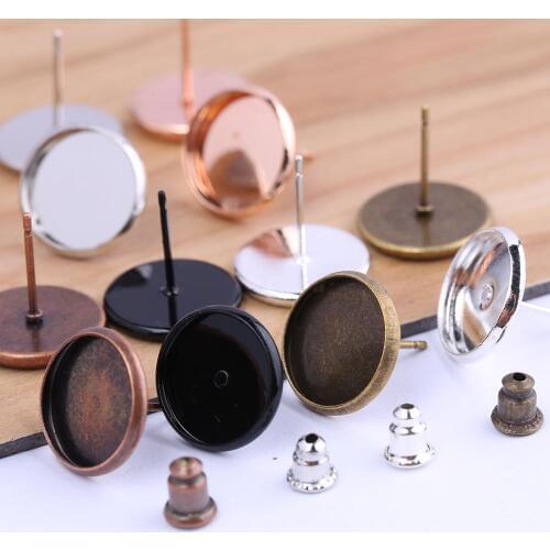 Reidgaller 50pcs Stud Earring Base Settings fit 12mm Glass Cabochon round diy blank bezels for earrings making