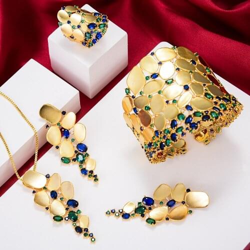 KellyBola Luxury Gold Wide Necklack Bangle Earrings Ring Set African Women Bride Wedding Party Fashion Exquisite Jewelry 2021