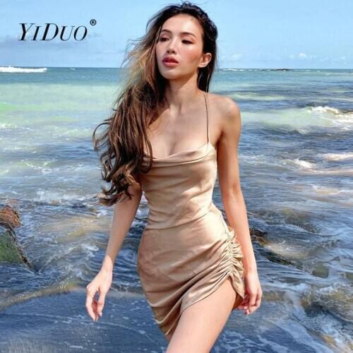 YiDuo Sexy Backless Spaghetti Straps Womens Mini Dresses Ruched Club Party Fashion Bandage Satin Dress Bodycon Black Vestidos