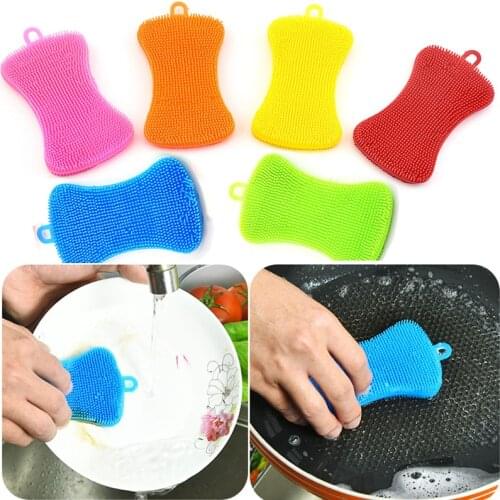 1pc Silicone Dishwashing Brush Kitchen Cleaning Brush Mat Bowl Pot Pan Fruit Vegetable Cleaning Brushes Sponge Scouring Pads
