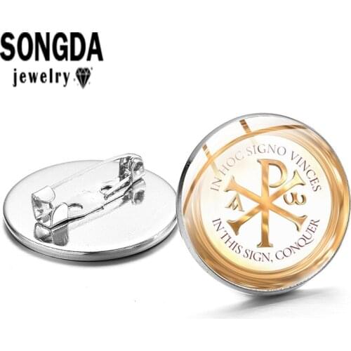SONGDA Christian Icon Jesuit Seal Art Patterns Brooches Cabochon Glass Dome Lapel Pin Man and Women Clothes Jewelry Accessories