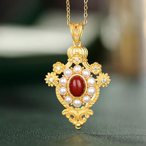 Hetian Jade S925 Sterling Silver Southern Red Agate Pendant Fashion Personality European and American Style Baroque Exquisite Re