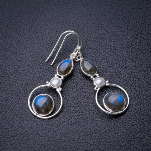 StarGems Natural Blue Fire Labradorite And River Pearl Handmade 925 Sterling Silver Earrings 1.75" D7785