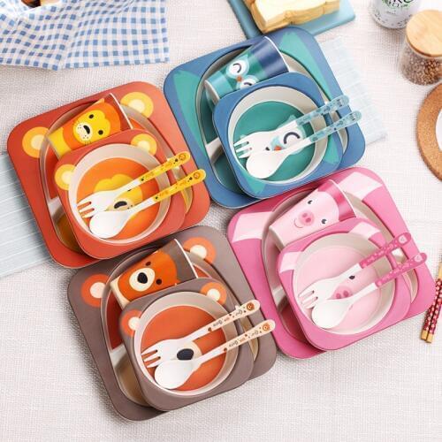 5pcs Natural Bamboo Fiber Bowl Children Cartoon Cute Animal Tableware Set Baby Dinner Plate Training Bowl Spoon Fork Cup For Kid