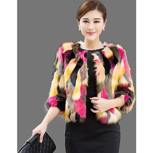 Trendy Mixed Color Coat Women Autumn Winter Faux Fur Jacket Christmas Fluffy Outerwear Short Style Outerwear Warm Coats