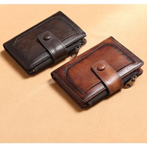 Classic Male Purse Vertical Snap Zipper Wallet Vintage Genuine Leather Business Credit Card ID Holder RFID Blocking Wallet Men