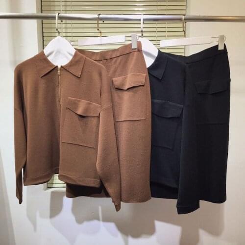 Long Sleeve Pullovers Knitted 2 Piece Sets 2020 Winter Runway Elegant Turn down Collar + Waist Elastic Skirts Wool Suits