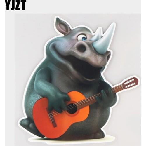 YJZT 15.4×16.2CM Happy Rhino Playing Guitar Fashion Body Decoration Scratch Occlusion Car Stickers 21A-0454