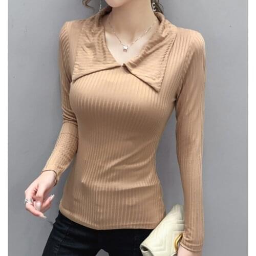 Long Sleeve Womens T-shirt Solid Turn-down Collar T Shirt Women Black Slim Tees Spring Autumn Tops Cotton Korean Woman Clothes