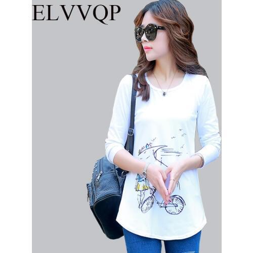 Long Sleeve cotton T-shirt Women O Neck Print Casual Tee Shirt Slim Female Tshirt Fashion Spring and autumn Ladies Tops WF061