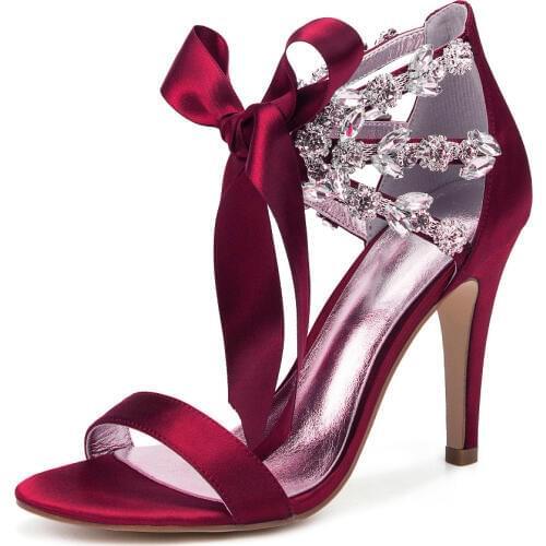 Sparkling crystal chain ribbon tie lady high heel sandals satin evening dress shoes fashion party wedding nigh club ball pumps