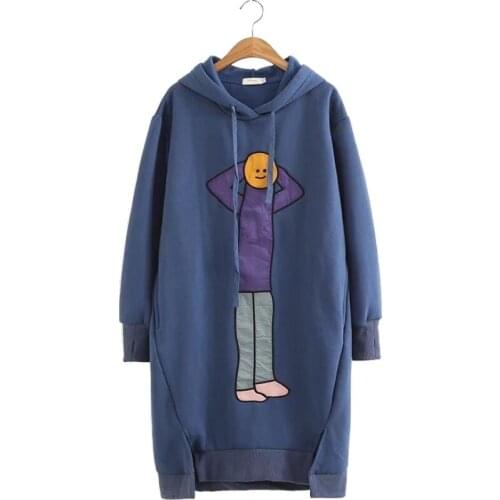 Fleece Women Long Hooded Sweatshirts Cartoon Embroidery Long Sleeve Hoodies 2020 Winter Thick Plus Velvet Pullover Tracksuits