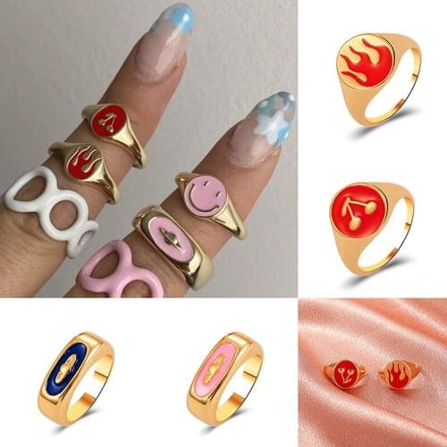 Aesthetic New Goth Red Flame Rings For Women Metal Cherry Letter Vintage Fashion Hip Hop Pink Heart Rings Charms Jewelry