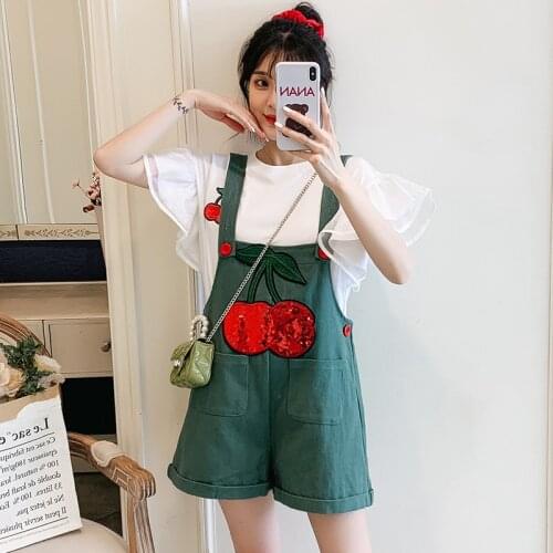2021 New Hit Womens Summer Suits Green Patch Designs Bow Overalls+White Flying Sleeve Patchwork T-Shirt Two-Piece Sets Outfits