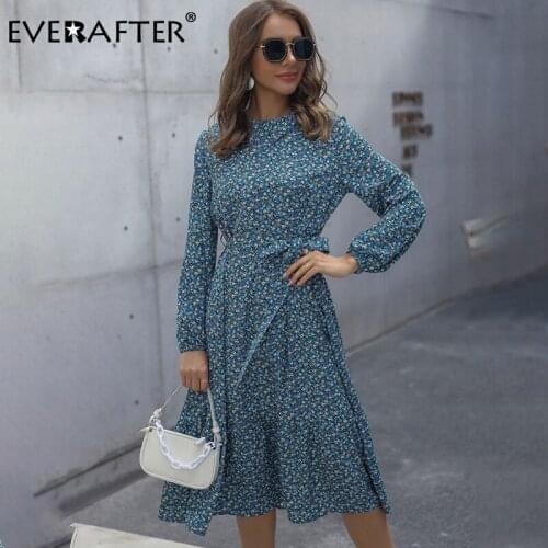 EVERAFTER Boho Floral Printed Long Sleeves Lace up Women Dress Autumn Holiday Blue Elegant Maxi Dresses Female Beach Vestidos