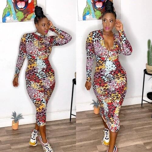 2020 Colorful Leopard Print Night Party Clubwear Bodycon Midi Dress Women Casual Long Sleeve Vintage Streetwear Bandage Dresses