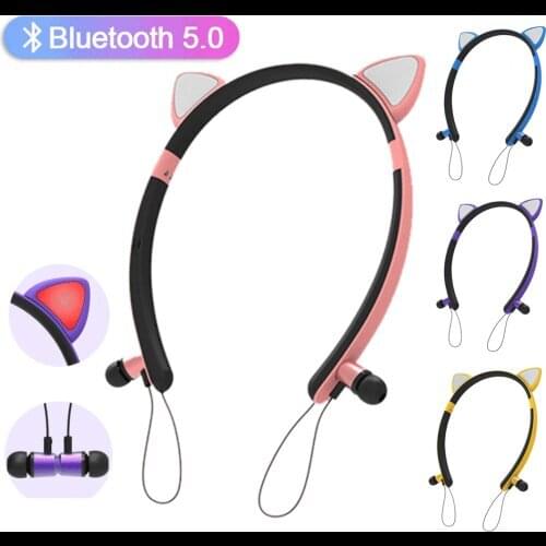 Wireless Headphone Bluetooth 5.0 Earbuds Luminous HIFI Stereo Music Headset Magnetic Cute Cat Ear Earphone for Sport Girl Gift