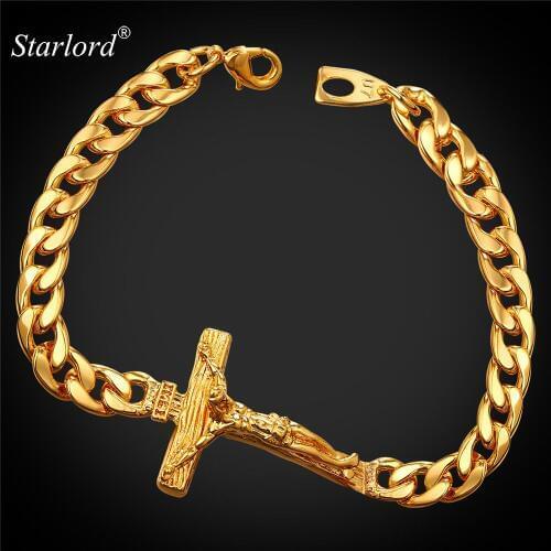 Starlord Cross Bracelet Christian Jesus Hand Chain 21CM Gold/Black Gun/Rose Gold Color Men Jewelry Gifts H1166