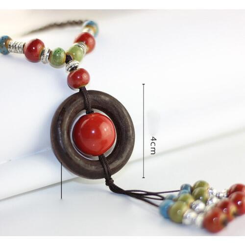 Ethnic Necklace Ceramic Red Beads Wood Vintage Charm Pendants Necklaces For Women Jewelry Choker Braided Rope Chains Accessories