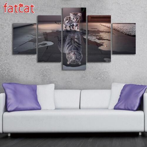FATCAT Diy Diamond Painting 5 Panel Cat And Tiger Needlework Decorative full Square Round Diamond Embroidery Sale Art AE753