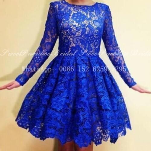Short Royal Blue Lace Bridesmaid Dresses With Long Sleeves A Line Jewel Neck Wedding Party Dress Vestido De Fiesta De Boda