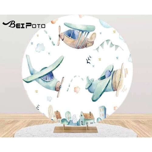 Round circle background cartoon Boy airplane baby shower backdrop kids birthday Party decor table Covers YY-695