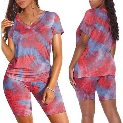 Women’s Skin-friendly Lightweight Two Piece Sport Clothes Fashion Tie-dye Short Sleeve T-shirt Stretch High Waist Shorts