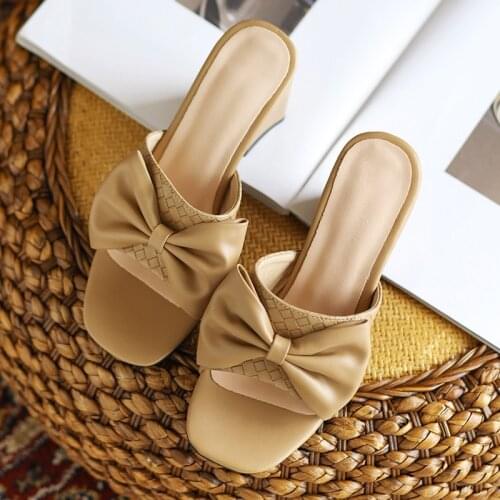 Summer Slipper Outside Open Toe Bowknot Thick Heel Weave Mules 2021 New Fashion Simplicity Plus Size 32 48 Shoes White Black