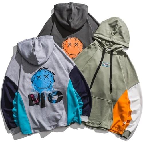 Men Patchwork Smiley Face Hooded Hoodies 2021 Mens Oversized Designer Streetwear Hoodie Male Y2k Kpop Sweatshirts