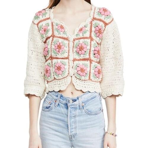 Fall 2021 Womens fashion Crochet Top Cropped Cardigans Cute V neck SHort Sleeve Floral Knitted Sweater Short Knitwear