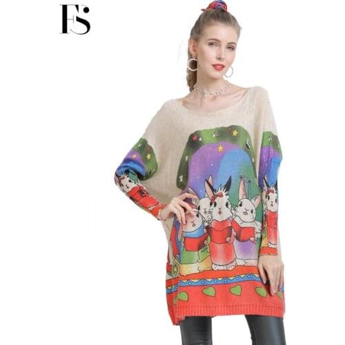 Autumn Plus Size Rabbit Print Long Sleeve Women Loose Sweater Solid Color Off Shoulder Batwing Sleeve Casual Knitwear