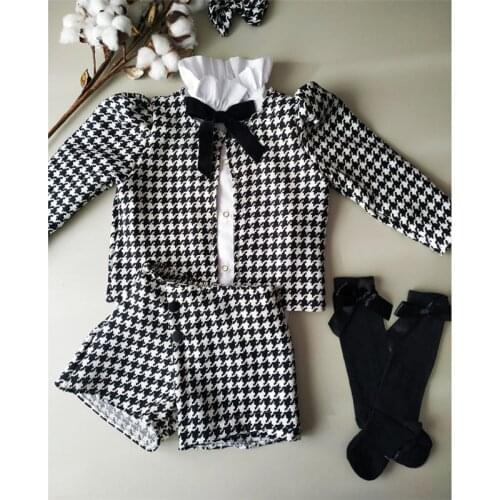 1-7Y Baby Girls Clothes Sets 2021 Summer Autumn Kids Puff Sleeve Plaid Jacket + White Shirts + Shorts 3pcs Princess Suits
