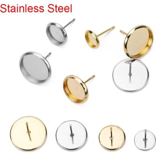 20pc Hypoallergenic Stainless Steel Stud Earring Diy Findings 6mm 8mm 10mm 12mm Cameo Cabochon Base Settings Diy Jewelry Making