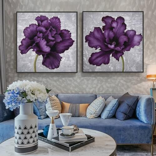 Nordic Flower Canvas Painting Retro Abstract Blooming Purple Flower Art Wall Poster Painting and Print Decoration Bedroom Mural