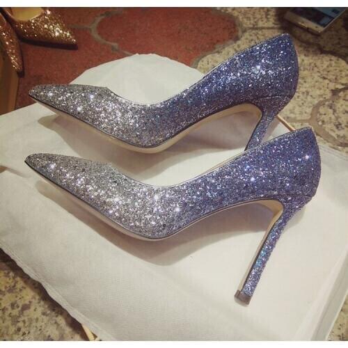 6CM High Heels Wedding Women Shoes Shining Pumps Pointed Toe Crystal Shoes Rhinestone Pointed Toe Glitter Party Sliver