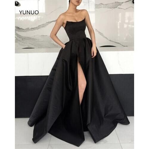 YUNUO Strapless Corset Prom Dresses Evening Gowns 2021 Side Slit robe de soiree Long Satin Party Formal Dress with Pockets