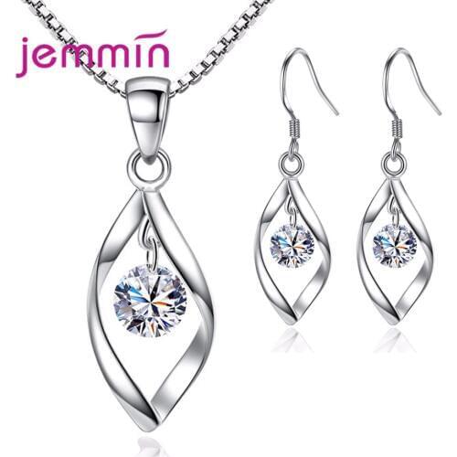 Women Elegant Waterdrop Rhinestone Pendant Necklace Hook Earrings Jewelry Set 925 Sterling Silver Jewelry for Wedding Party