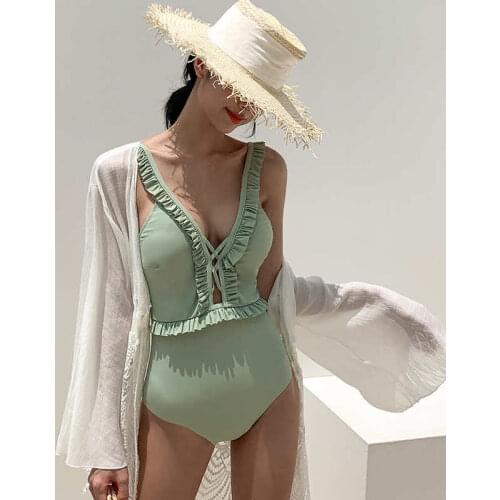Korean Version Of The Sexy Swimsuit Goddess Fan Breasted Hollow Backless Fungus Lace Small Fresh Triangle One-Piece Bikini Girl