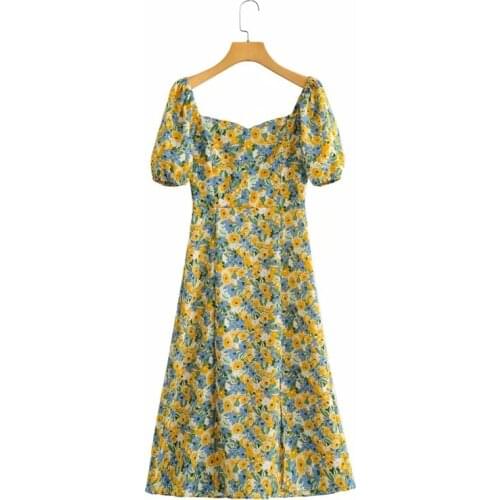 French style in Europe and America New Womens dress in spring 2021 show thin foam sleeve square neck floral dress long skirt