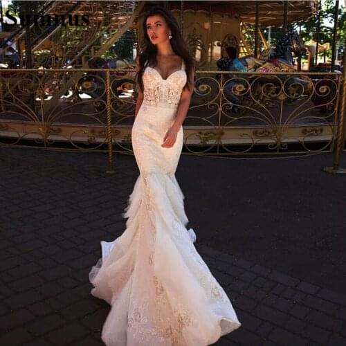 Sumnus Weddding Dresses Mermaid V Neck lace Appliqued Spaghetti Straps Elegant Custom Made 2021 Bridal Gowns vestidos de novia