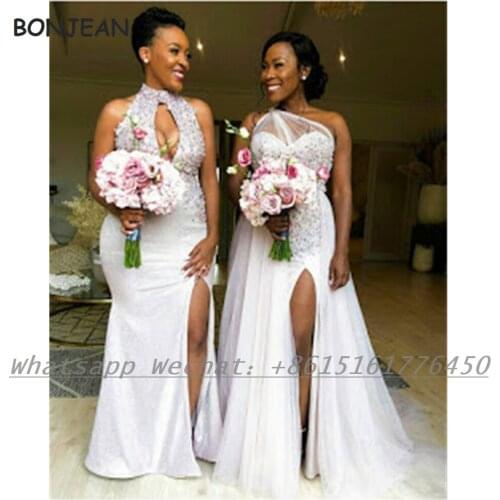 Beads White 2021 Bridesmaid Dresses Halter Satin African Bridesmaid Dress Plus Size for Women Wedding