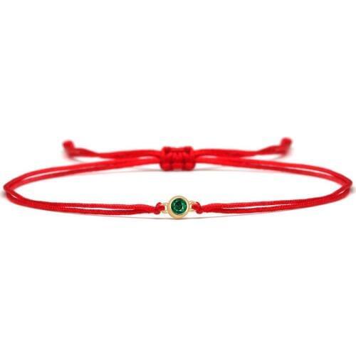 Sparkling Cubic Zirconia Copper Mini Green Stone Round Charm Bracelet Women Girl Black Red String Handmade Adjustable Jewelry