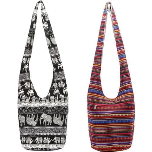 70% Hot Sell Women Hippie Elephant Palm Print Handmade Hobo Tote Crossbody Sling Bucket Bag